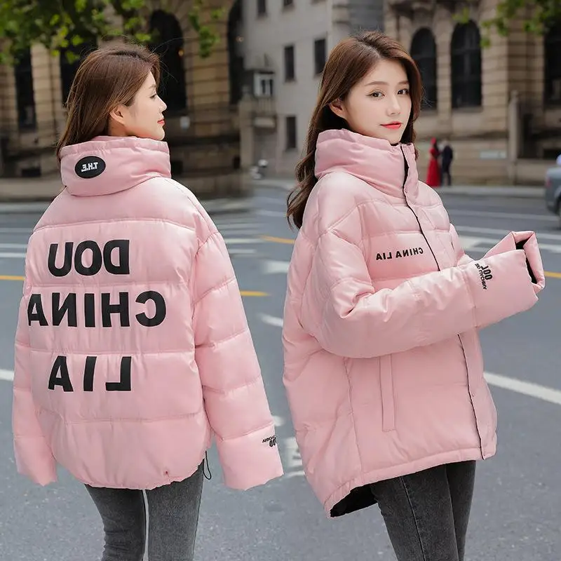 2021 Winter Women Parka Korean Bright Sports Bread Jacket Patchwork Letter Print Warm Cotton Coat Female Loose Plus Size Clothes
