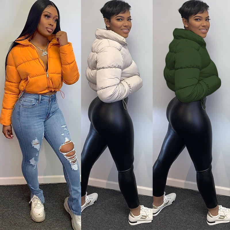 

Echoine Fall Winter Women Casual Solid High Collar Long Sleeve Tops Zipper Short puffer Coat Fashion Female jacket Streetwear