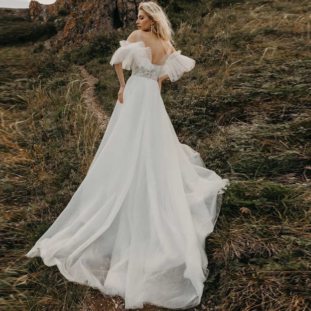 

Vestidos Charming Wedding Dresses Organza Illusion Appliques Bateau Short Sleeve Covered Button Ball Bridal Gowns