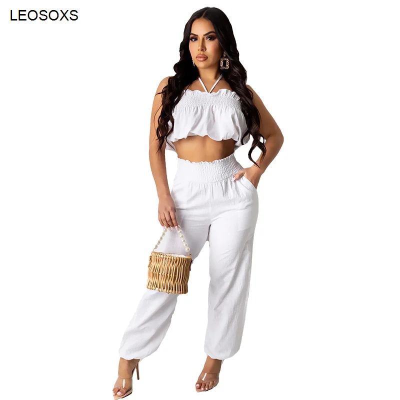 

Women's Pleated Sexy Tube Top Two-piece Suit Wide Leg Pants Solid Color Sleeveless Casual Beach Vacation Set summer 2021
