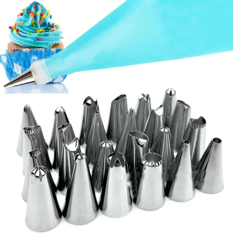 Силиконовые глазурь трубопроводов Крем кондитерский мешок + 24 шт из нержавеющей