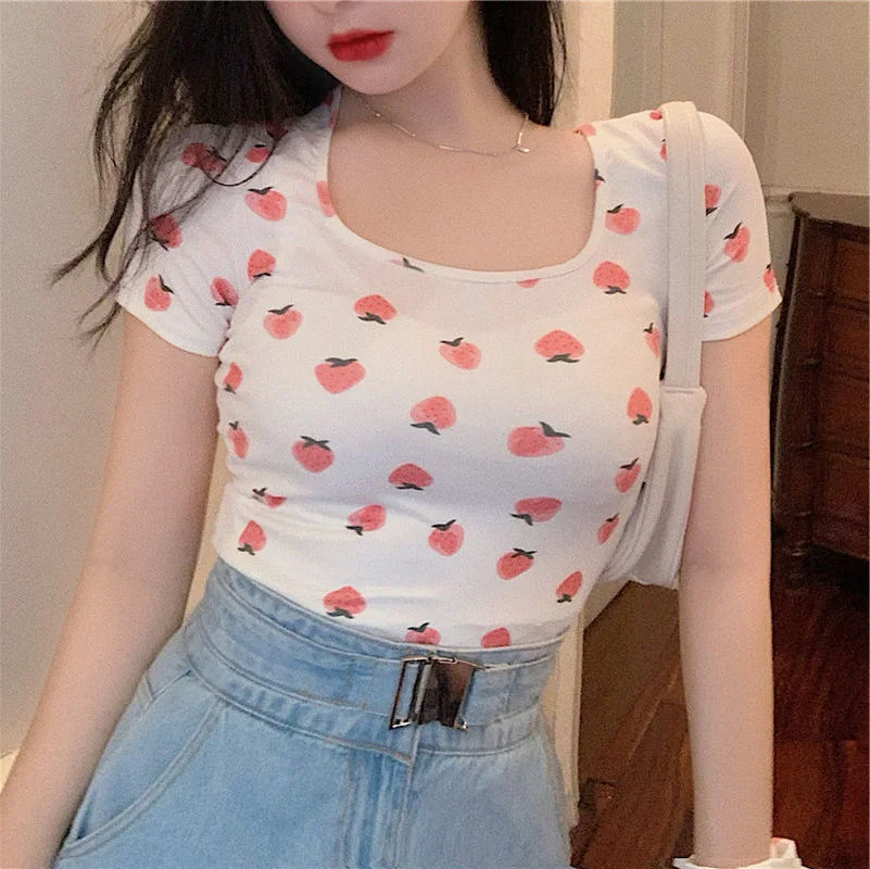 

Summer Clothes for Women Kawaii Strawberry Cute Tops Pink Short Sleeve Tees Bodys Oversized Graphic T Shirts Japanese Streetwear