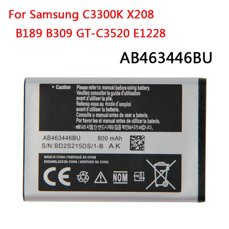 Оригинальный аккумулятор AB463446BU AB553446BU для Samsung C3300K X208 B189 B309 GT-C3520 E1228 GT-E2530 E339 GT-E2330 800