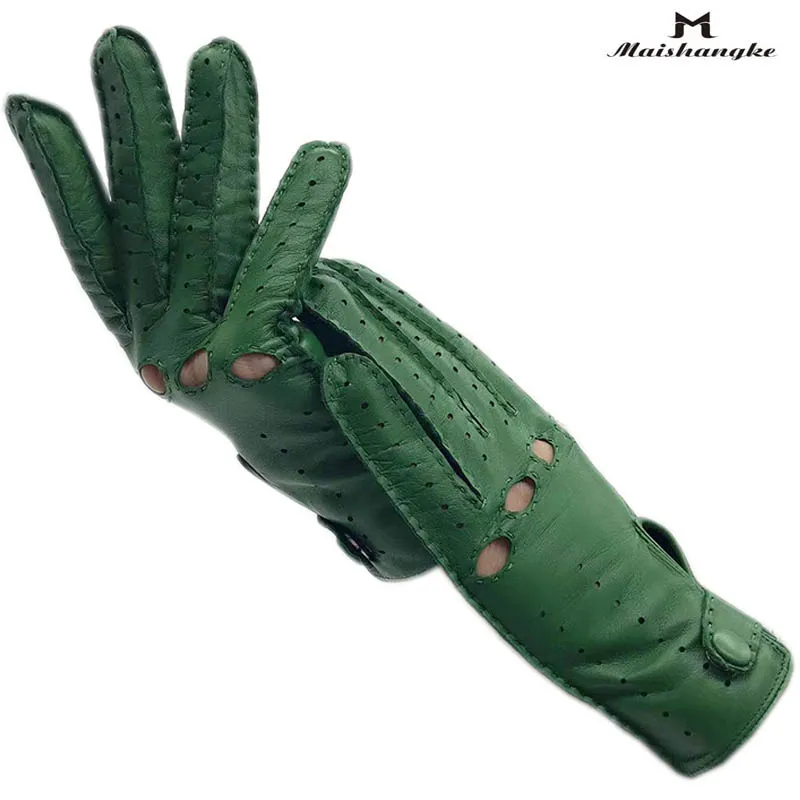 Spring ladies wrist fashion sheepskin gloves green driving driving autumn new authentic leather motorcycle riding outdoor gloves