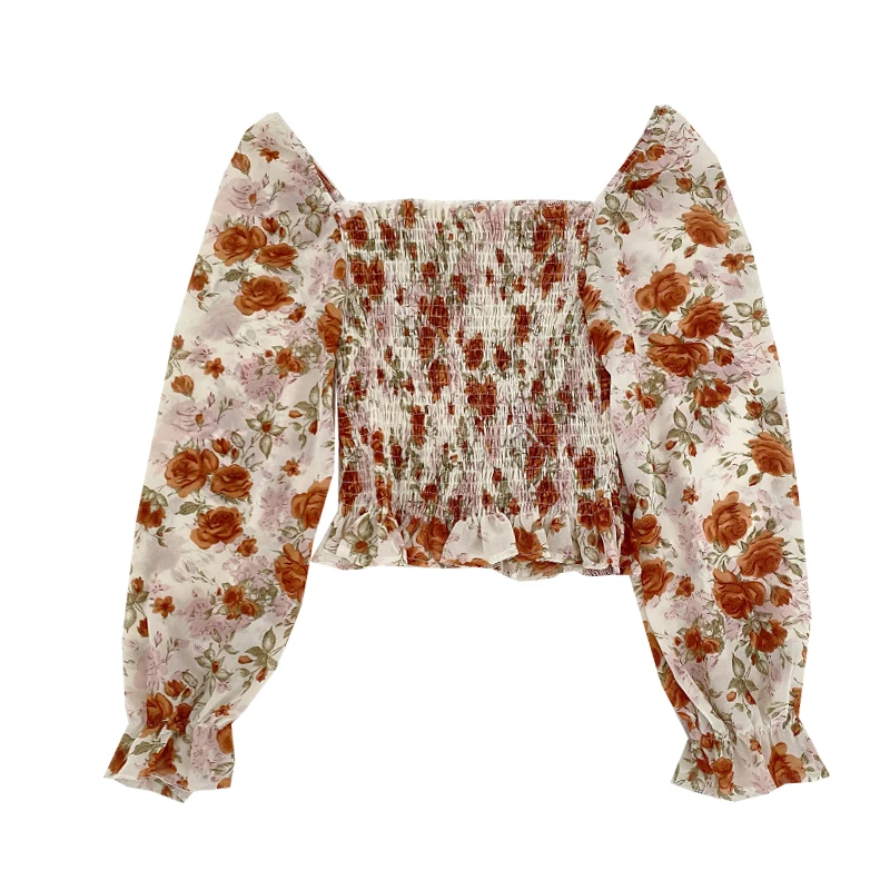 

2021 Early Spring New Sweet All-match Floral Print Square Collar Folds Slim Slimming Puff Sleeve Chiffon Shirt Women