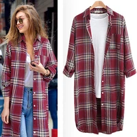 new 2021 spring autumn casual button down lapel neck shirts women plaid long sleeve over the knee long tops blouse
