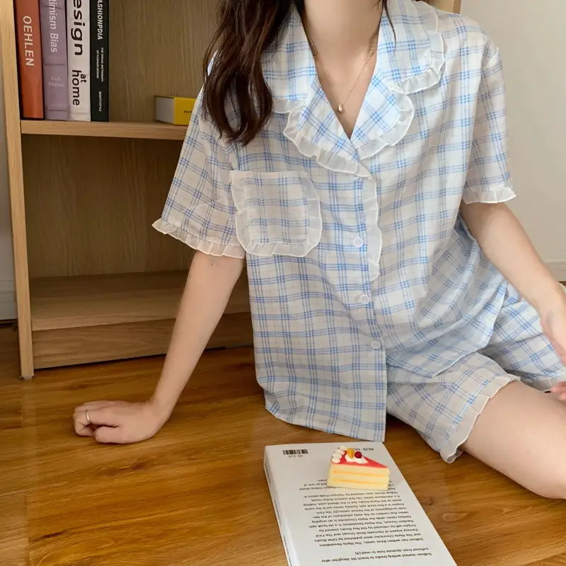 

QWEEK Plaid Sleepwear Korean Summer 2021 Pajamas Women Lace Pijama Blue Pyjama Set 2 Piece Loose Nightie Short Sleeve Loungewear
