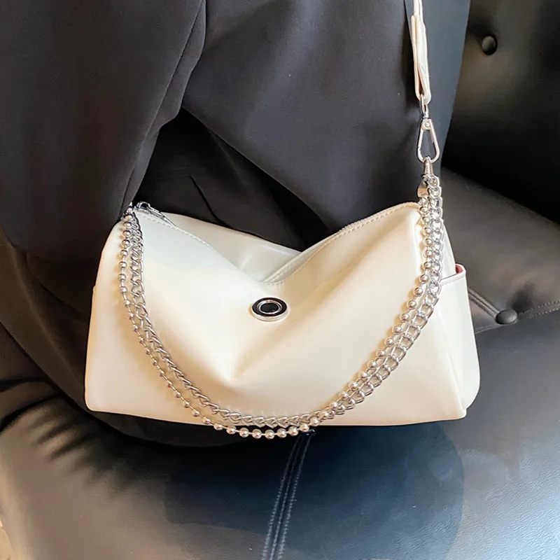 

Beige Boston Small Bags for Women Chain Shoulder Pillow Bag Luxury Soft Leather Handbag Female Designer Wide Strap Crossbody Bag