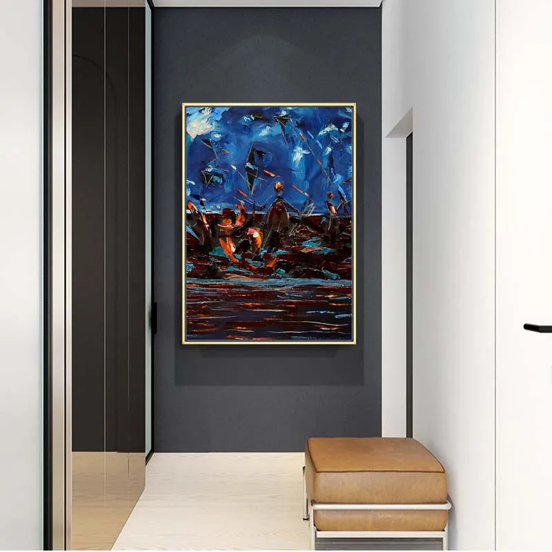 

Rainy Day Street Landscape Oil Painting Girl With Umbrella Moon Lake Canvas Painting Blue Style Scenery Poster Living Room Decor