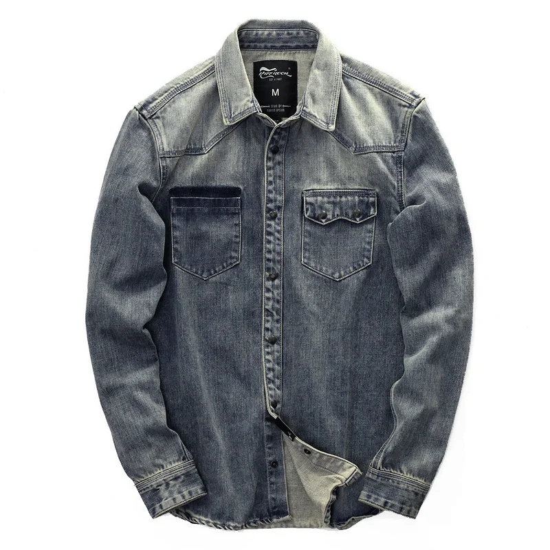 Джинсовая рубашка II50CS мужская с принтом винтажная блузка из денима приталенная