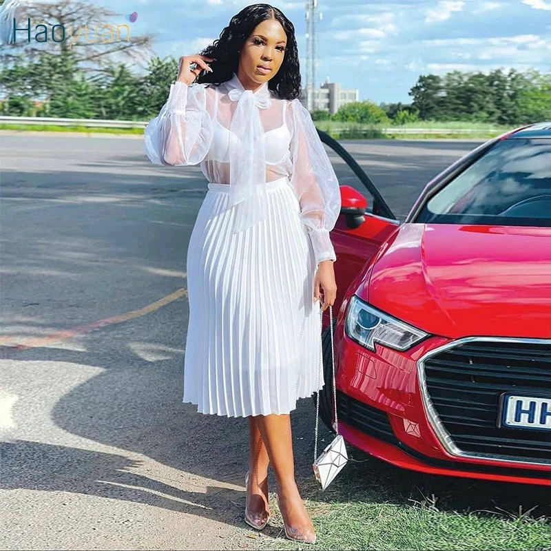 

HAOYUAN Chiffon Sexy Pink Pleated Skirt Elegant Cute Outfits for Women Fall Clothing 2021 Streetwear Fashion Party Midi Skirts