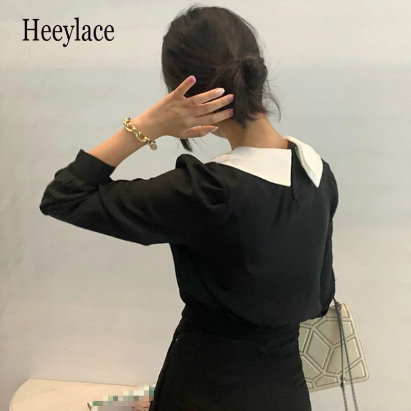 

2020 Chic Irregular Turn-down Collar Shirt French Style Panelled Loose All-match Femme Blusas Puff Sleeve Women Blouses