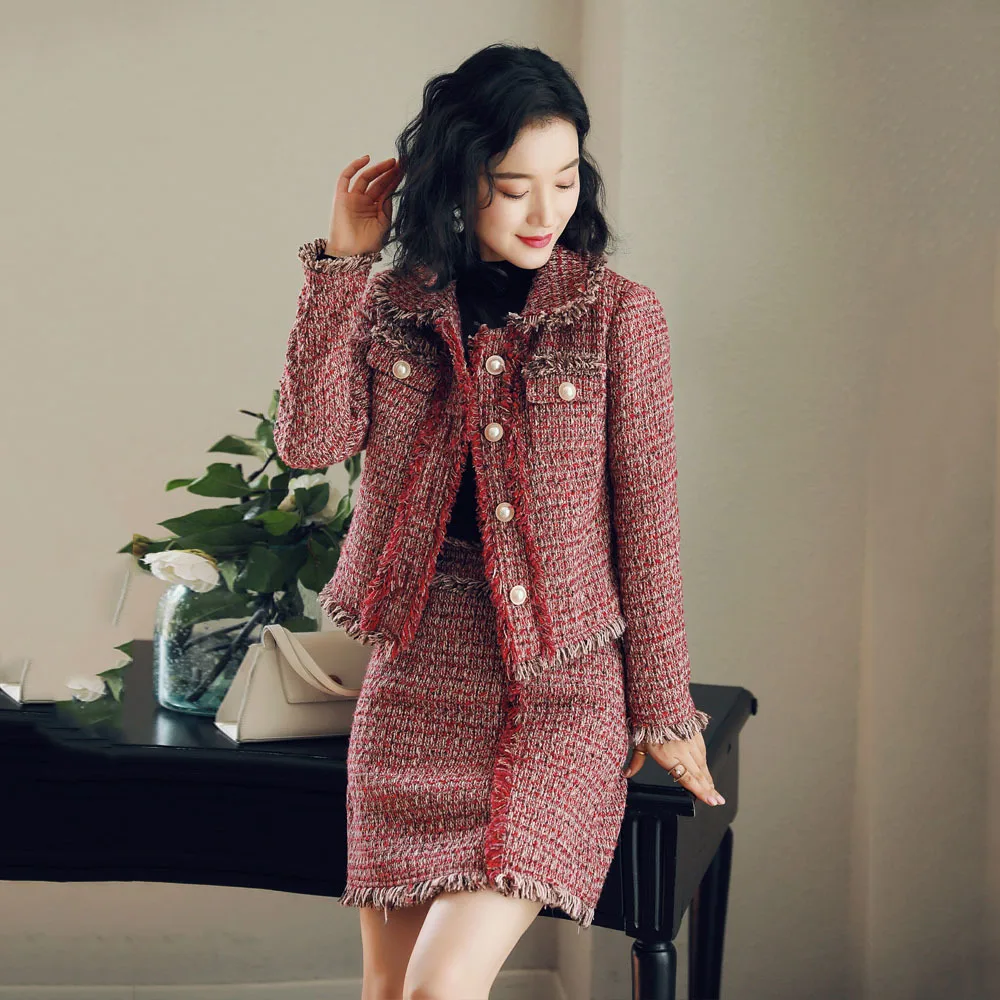 

2021 Autumn Winter Korean Small Fragrance Wind Ladies Temperament Tweed Coat Woolen Package Hips Skirt Women's Two-piece Suit