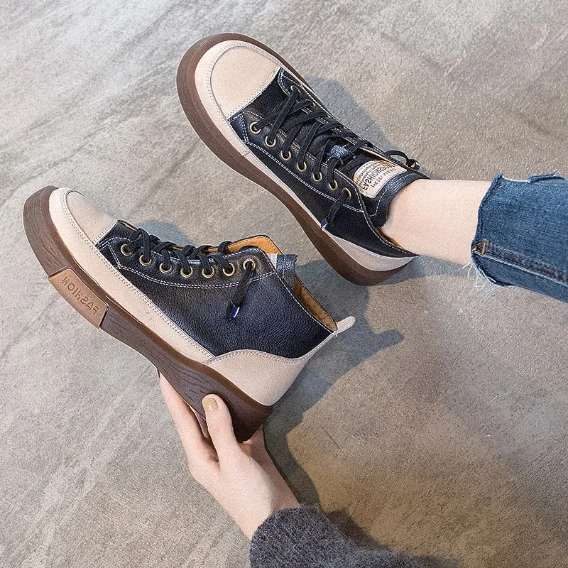 

Size 35-43 Soft Genuine Leather Comfortable Women High Top Shoes Fashion Student Vulcanize Shoes Thick Bottom Running Sneakers