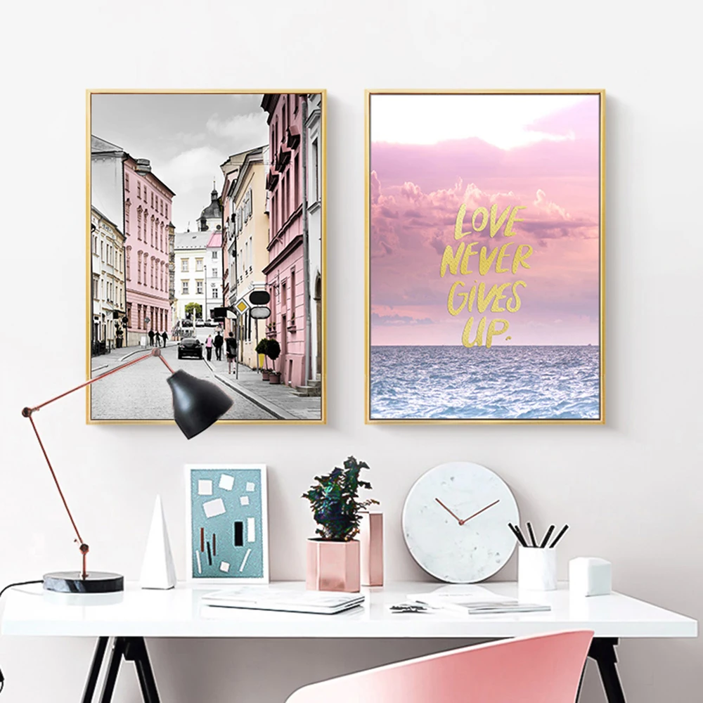 

Nordic Seascape Prints Eiffel Tower Pink House Beach Wall Art Painting Picture for Girl Room Bedroom Decor Poster