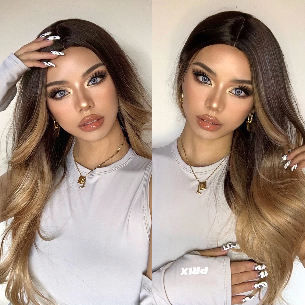 LOUIS FERRE Long Wavy Synthetic Wigs Ombre Brown Wigs for Black Women Machine Made Middle Parted Blonde Hair Wig Natural Looking