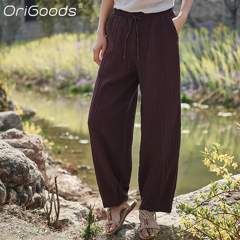 Женские шаровары из хлопка и льна B244 однотонные белые винтажные свободные брюки