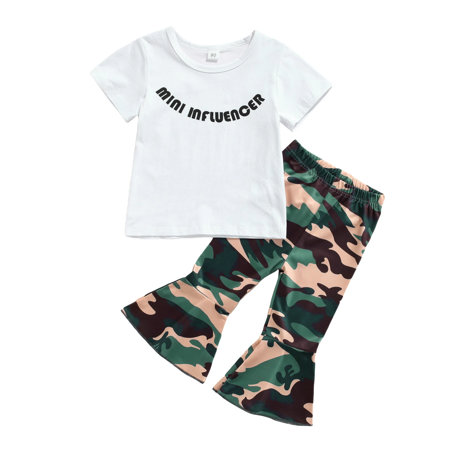 

2021-05-06 Lioraitiin 1-6Y Toddler Girls Clothes Letter Print Short Sleeve O-neck T-shirt Camouflage Flared Trousers 2Pcs Set