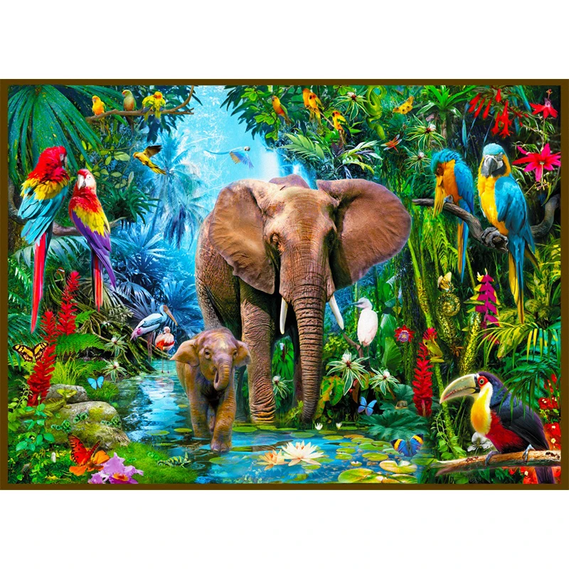 Алмазная вышивка слон в джунглях алмазная живопись с попугаями крестиком