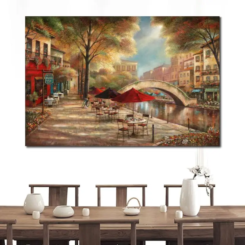 Wall Art Venice Landscape Artwork Oil Canvas Painting Riverwalk Cafe Ruane Manning Hand Painted Beautiful Coastal Architecture | Дом и сад
