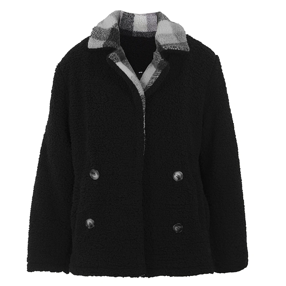 Женское зимнее клетчатое пальто с воротником-костюмом и карманами | Женская