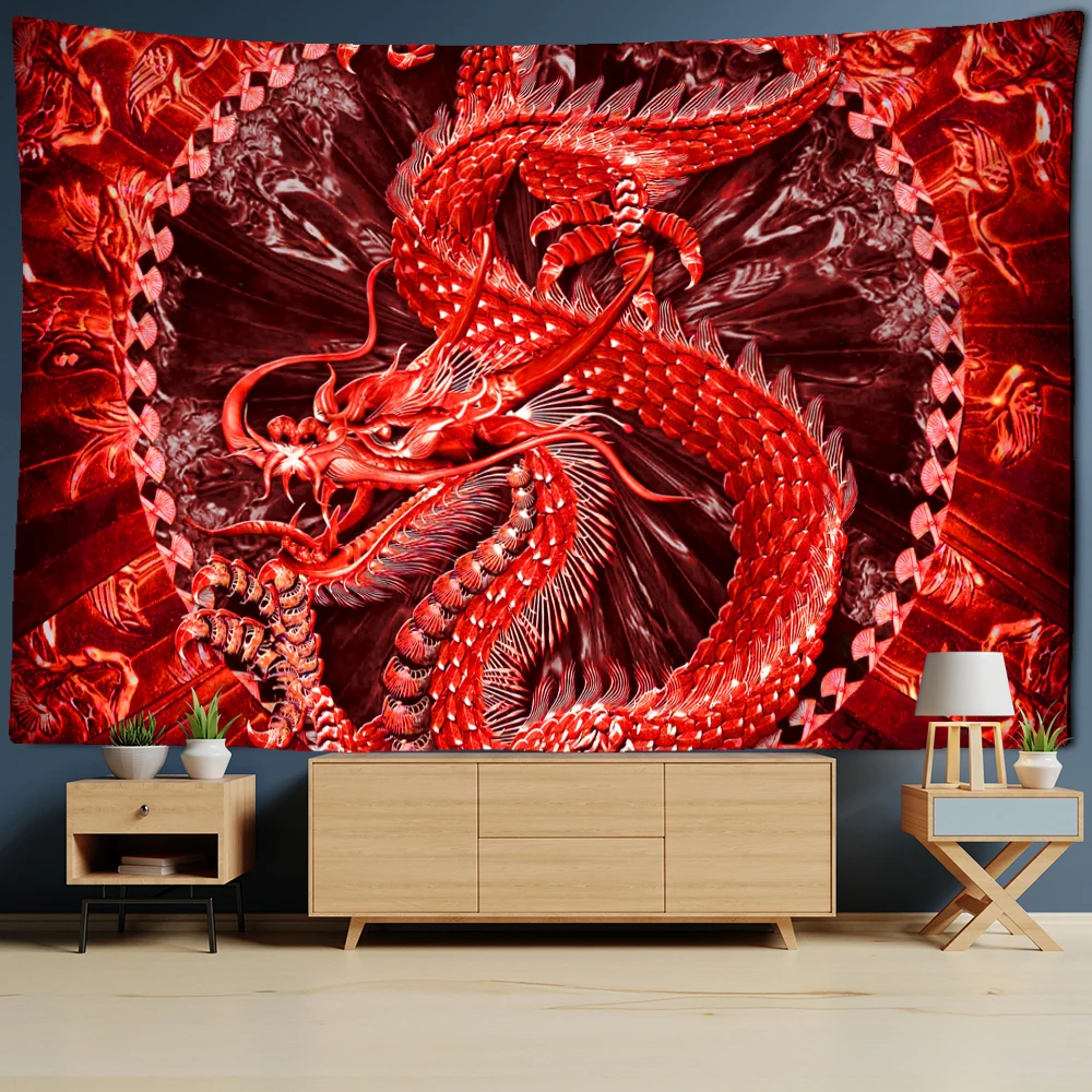 

Red Loong Dragon Totem Tapestry Cartoon Castle Wall Hanging Room Carpet Bedspread Beach Mat Tapis Home Decor Tapestries Art