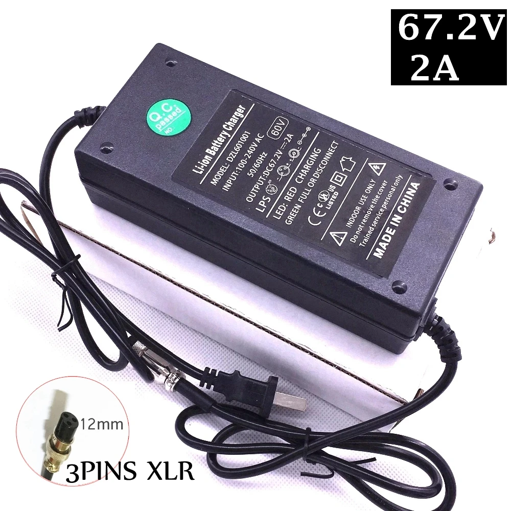 dc 67 2v 2a smart lithium battery charger adapter for wheelbarrow self balancing scooter 60v battery xlr 3 pins 12mm connector free global shipping