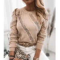new fashion casual women pullover tops elegant lace contrast long sleeve sweatshirt