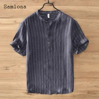plus size men fashion stripe top short sleeve linen shirts blusas 2022 summer new casual pullovers mens blouse sexy man clothing