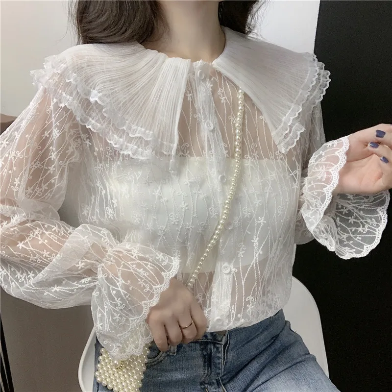 

Sweet Style Loose Peter Pan Collar Autumn New Women's Clothing Blouses Lace Flare Sleeve Tops Fashion Brand Ladies Korean