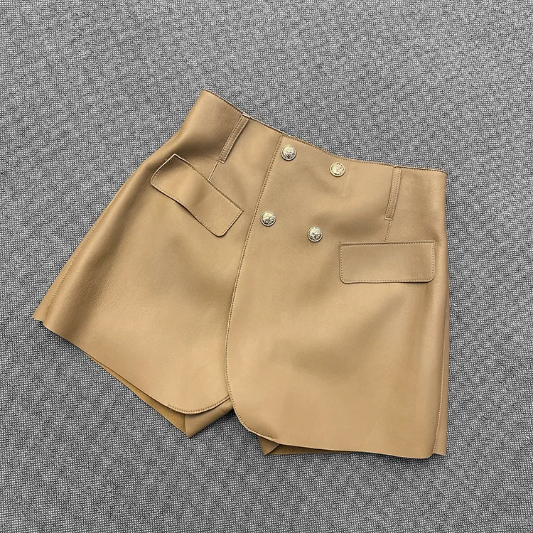 2021 Spring wome's high quality genuine leather shorts chic double-breasted leather pantskirt C555