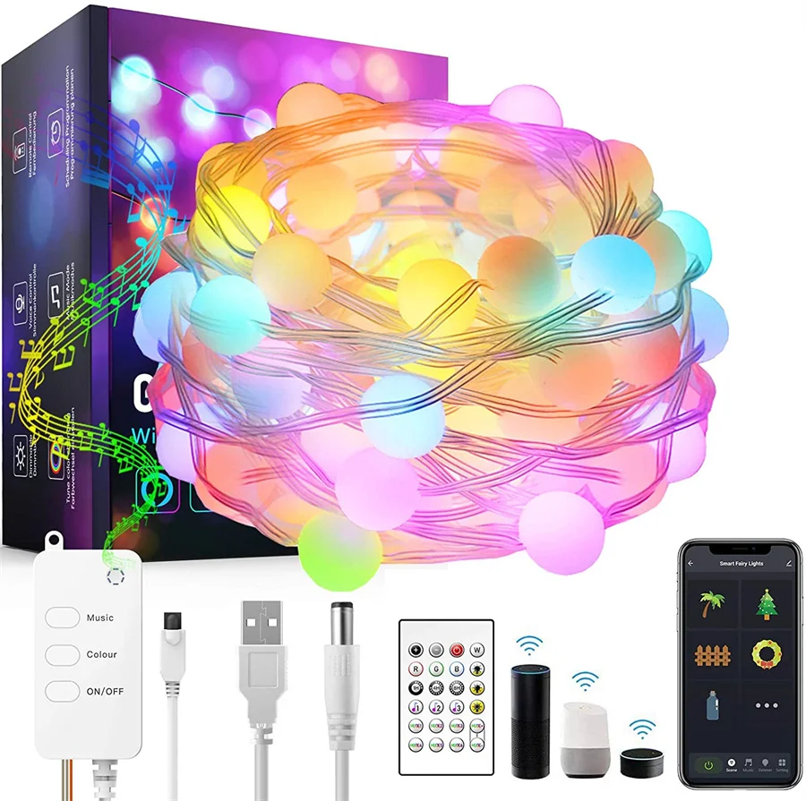 

Рождественская гирлянда RGB с Wi-Fi, свадебная уличная лампа для украшения сада, сказочный светильник с поддержкой Alexa, Google, Bluetooth, 5/10 м