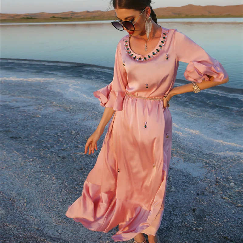 New Noble Luxury Muslim Women's Dress Diamond-studded Senior Pink Seaside Resort Long Skirt France Italy Abaya Evening Dress