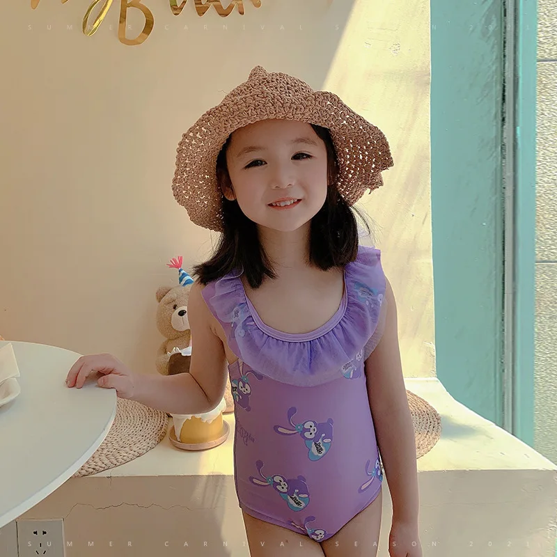 

New Children's Swimsuit Purple Cartoon One-piece Swimsuit Girls Lace Baby Girl Cute Swimwear Water Parent-child Sports Swimwear