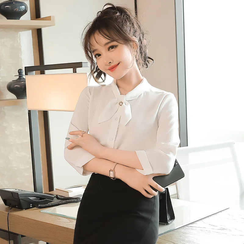 

new 2021 spring quarter sleeve medium sleeve top versatile professional white shirt bow chiffon shirt girl