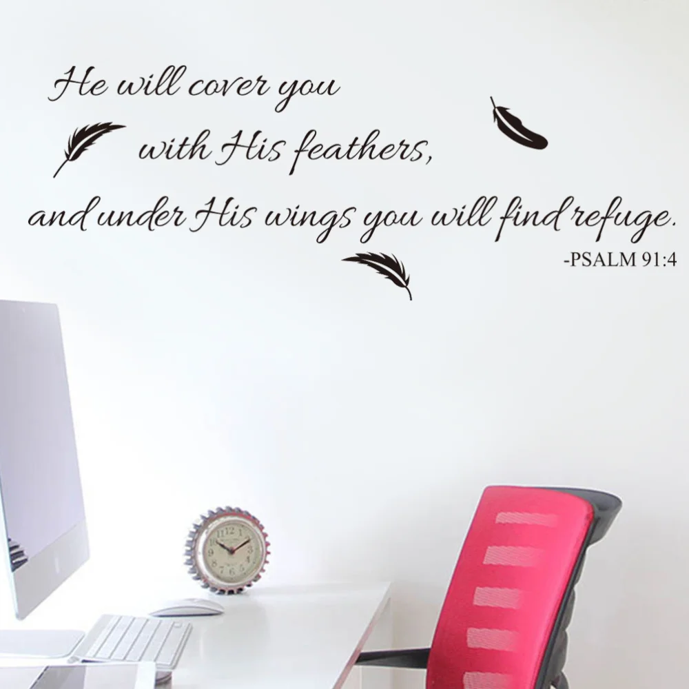 

Vinyl Wall Art Inspirational Quotes and Saying Home Decor Decal Sticker Quote Psalm 91:4 Bible Verse Will Cover You with His