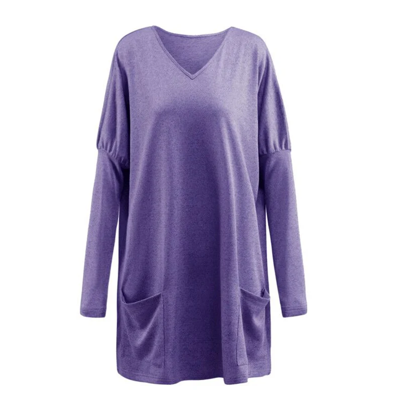 

Spring Womens Long Sleeve Solid Plus Size Long Tops Femme Casual Loose V Neck T ShirtTops Autumn Ladies Baggy Pullover T Shirt