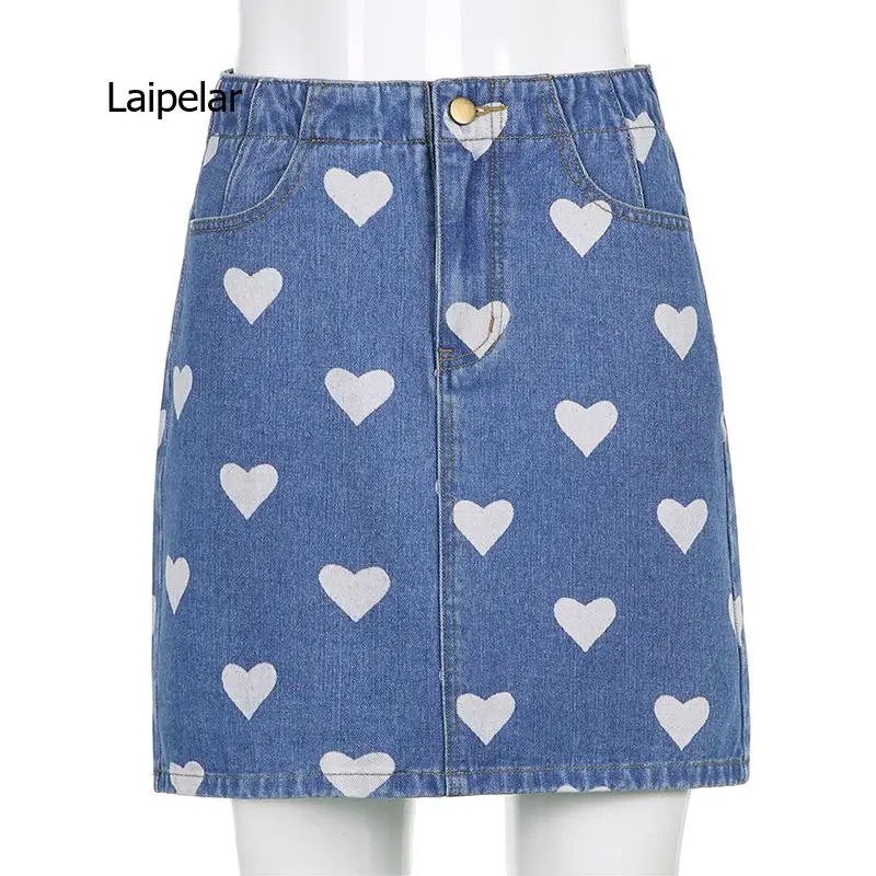 

Denim Skirt Women's 2021 New Girl's Love Pattern Sweet Print A-Line High Waist Casual Party Summer School Wear Skirt