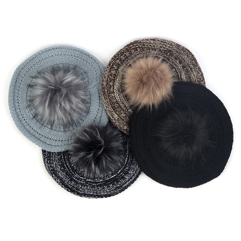 

Women Knitted Color Mixing Retro Winter Warm Berets With Faux Fur Pom Pom Thicken Fashion Female Ladies Hats With Hairball Caps