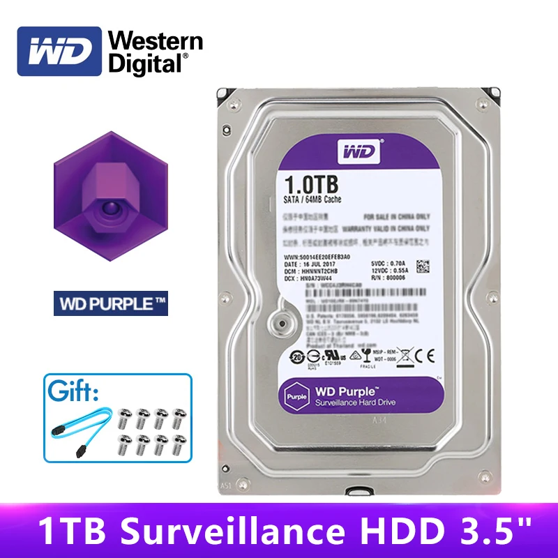 Оригинальный WD фиолетовый HDD для наблюдения 1 ТБ 3 5 &quot5400 об/мин SATA 6 ГБ/сек. 64 Мб