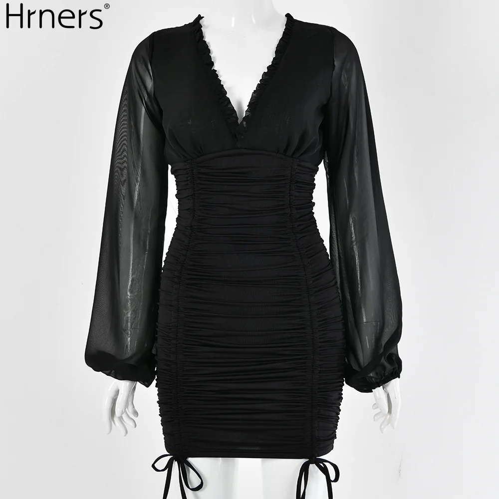 

Hrners Sexy Lace Patchwork V Neck Lantern Sleeve Slim Summer Dress for Women 2021 Draped Backless Mini Dress Female Vestidos