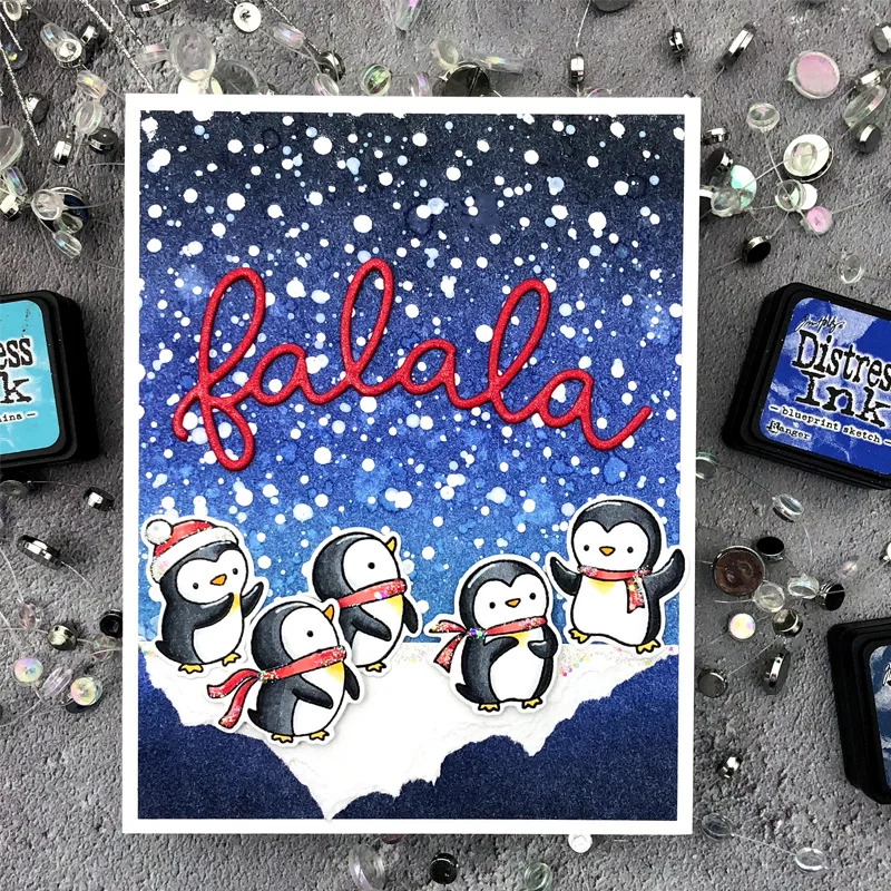 

Winter Greetings Penguins Metal Cutting Dies&Coordinating Stamps For Scrapbooking Craft Die Cut Card Making Embossing Stencil