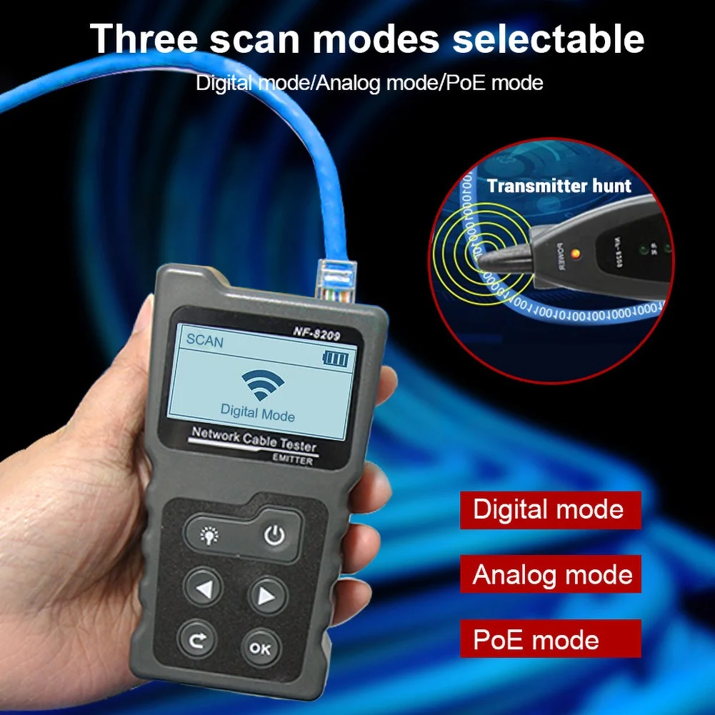 NF 8209 ЖК дисплей измеряет длину кабеля локальной сети POE Проводная проверка Cat5 Cat6