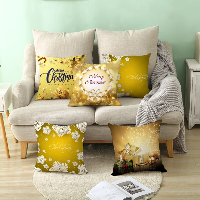 Fuwatacchi Gold Merry Christmas Cushion Cover New Year Gift Throw Pillow Covers for Home Sofa Decorative Pillowcases 45*45cm