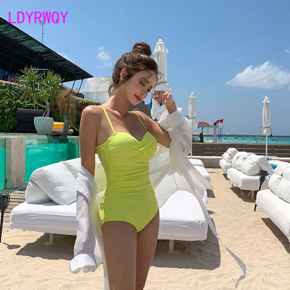 

LDYRWQY, новинка 2021, корейский консервативный скрывающий живот облегающий Цельный купальник-бикини из полиэстера с принтом на лямках