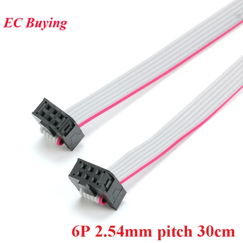 2.54mm Pitch FC-6 JTAG ISP AVR Download Cable Wire Line 6P 6pin 30CM 300mm Connector Gray Flat Ribbon Data Cable 28AWG