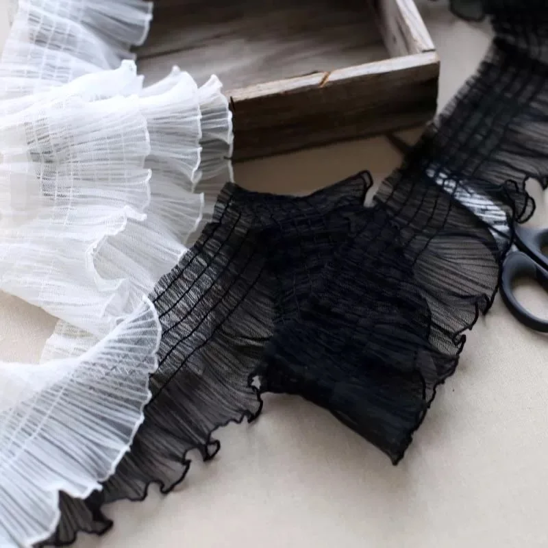 Эластичная кружевная отделка 10 см в ширину черная плиссированная с оборками