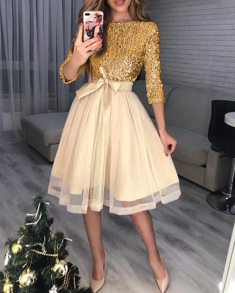 Блестящее платье с узкой талией многослойное Сетчатое блестками|Женские платья|