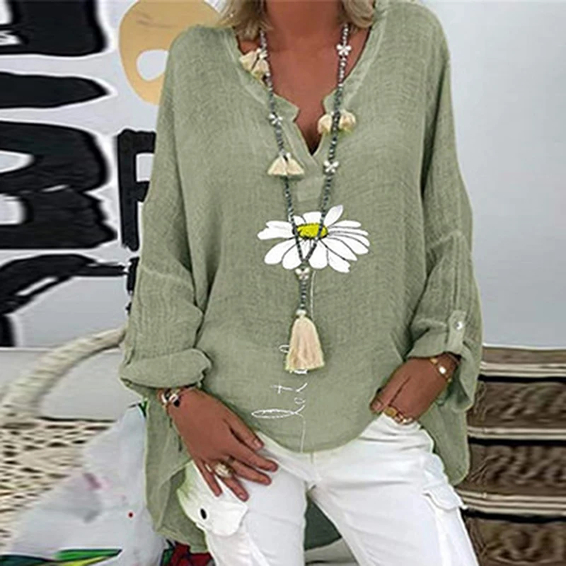 

Casual Women V Neck Linen Blouse Shirt Elegant Daisy Print Female Tops Spring Autumn Long Sleeve Loose Pullover