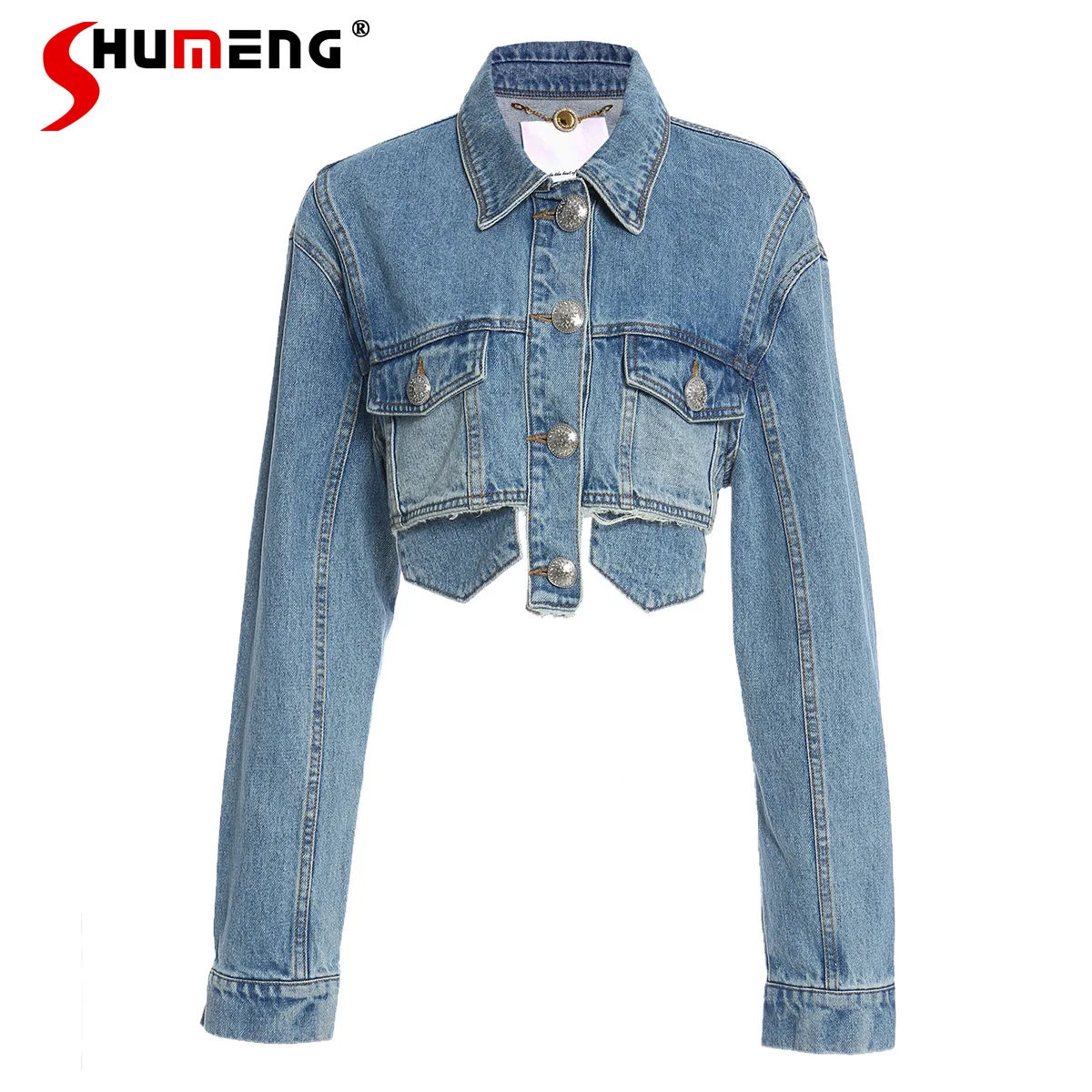 

2021 Autumn Women New High Street Pocket Short Tassel Side Denim Jacket Ladies Fashion Simple Solid Color Motorcycle Jeans Coat
